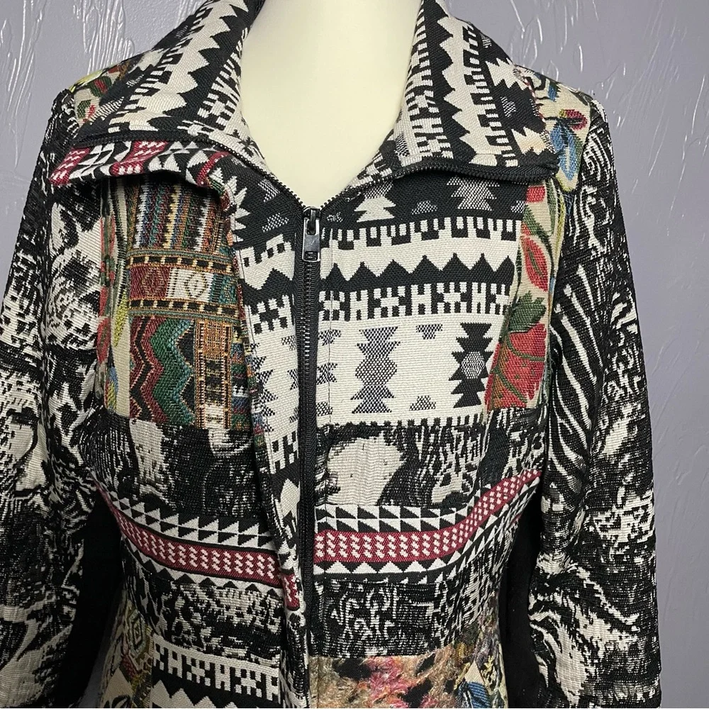 Vintage Tapestry Coat Patchwork 90's LARGE Western Tribal Floral Peacoat Small - Picture 7 of 11